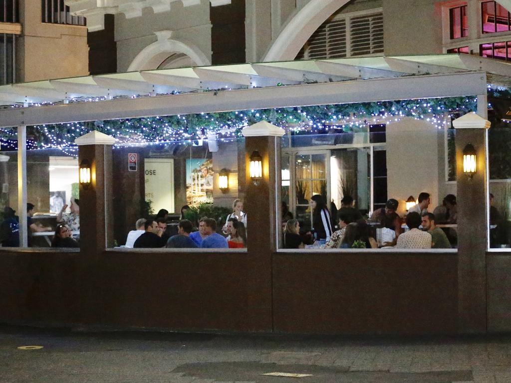 Full external dining at Bondi Beach on SAaturday night during social distancing requirements. Picture: Steve Tyson