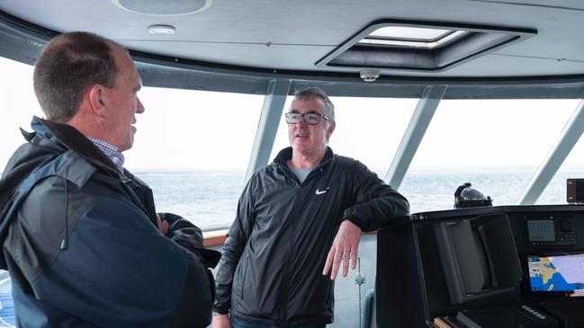 Desal Plant Site Selection committee chair Peter Treloar consulting with Mark Andrews from Hands Off Boston Bay. Picture: Supplied.