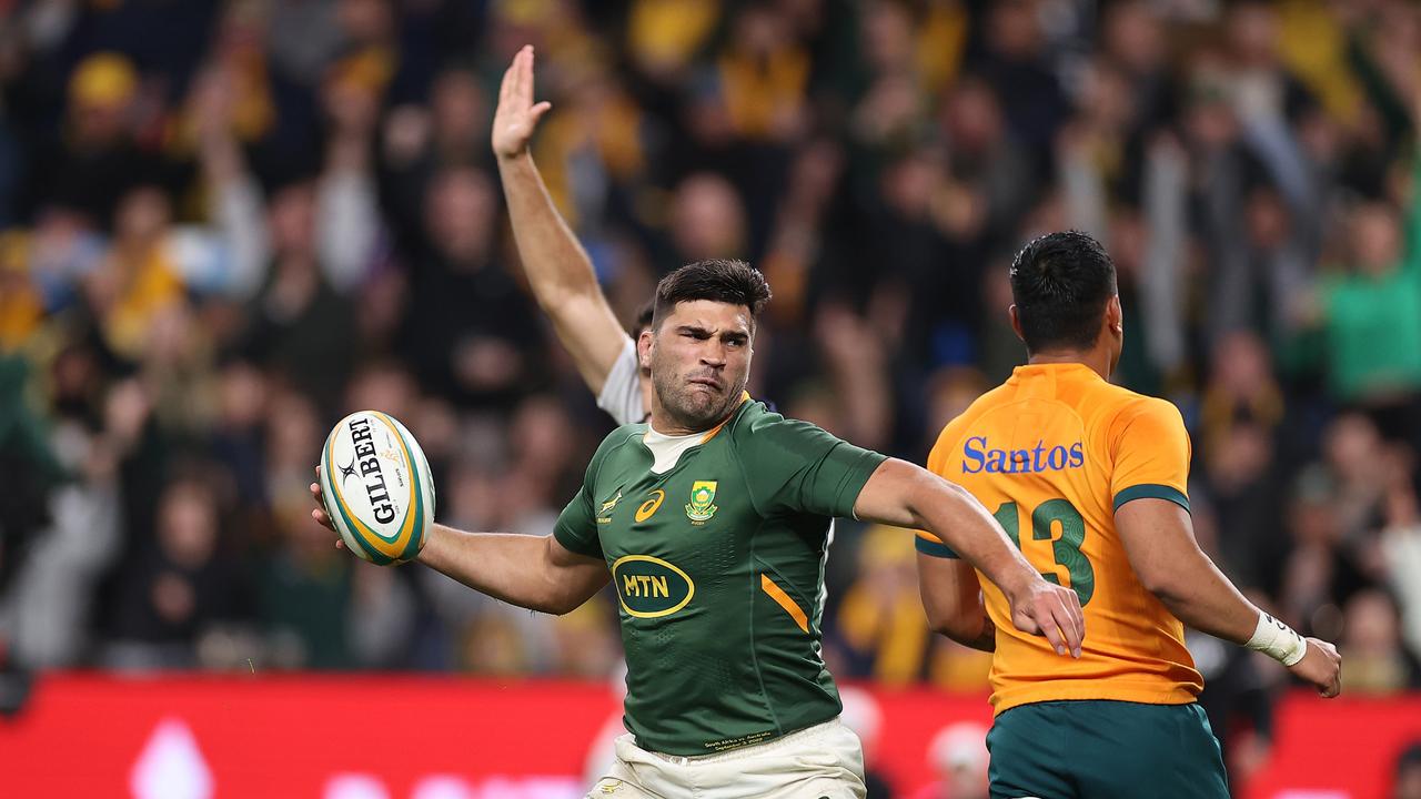 Damian de Allende celebrates scoring a try against the Wallabies at Allianz Stadium on September 03, 2022 in Sydney.  Photo: Getty Images
