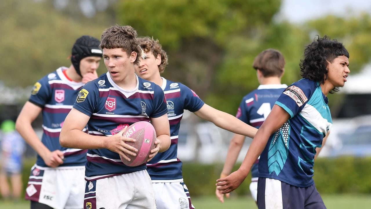 RUGBY LEAGUE: Justin Hodges and Chris Flannery 9s Gala Day. Mountain Creek State High (white shorts) V Morayfield State High, year 10. Picture: Patrick Woods.