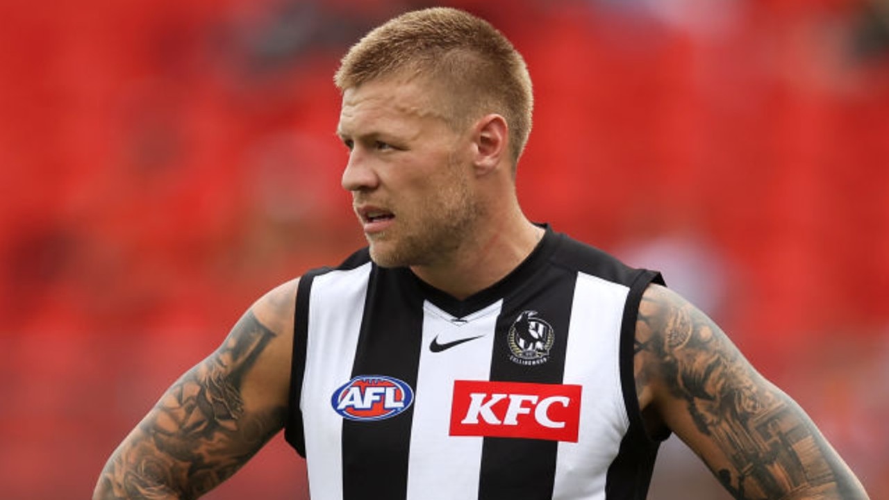 SYDNEY, AUSTRALIA - MARCH 06: Jordan De Goey of the Magpies watches on during the AFL AAMI Community Series match between the Greater Western Sydney Giants and the Collingwood Magpies at GIANTS Stadium on March 06, 2022 in Sydney, Australia. (Photo by Mark Kolbe/Getty Images)