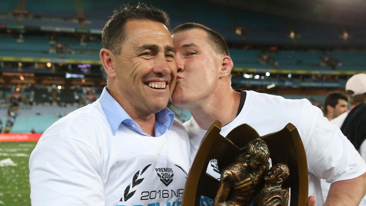 Shane Flanagan and Paul Gallen after the Sharks broke their premiership drought in 2016. (AAP Image/Craig Golding)