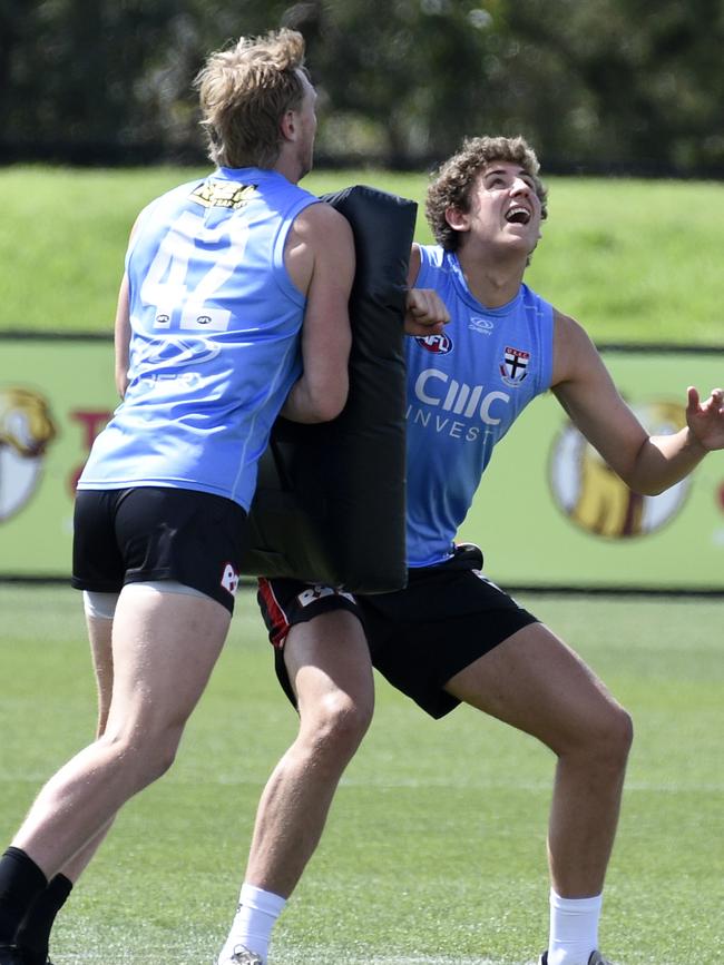 Alex Dodson and Max Heath at St Kilda training. Picture: Andrew Henshaw