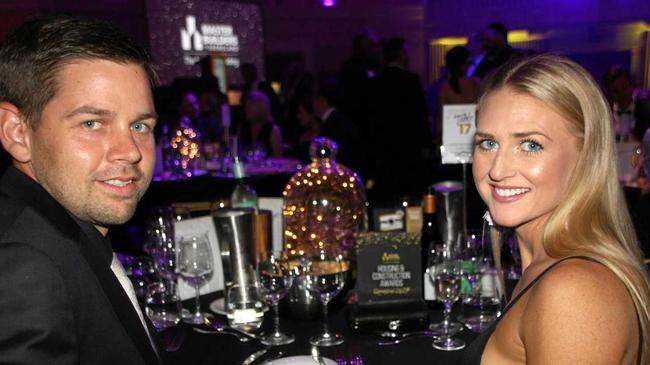 Aaron and Elise Steele of Lusso Homes at the 2017 Master Builders Queensland Housing and Construction Awards at Brisbane City Hall.