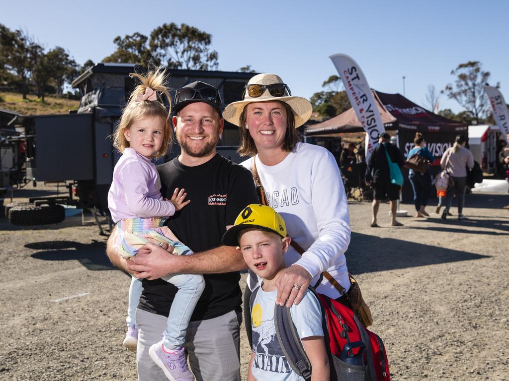 Ryan and Georgie Harrison with their kids Lola and Lewis at the Queensland Outdoor Adventure Expo at the Toowoomba Showgrounds, Saturday, July 30, 2022. Picture: Kevin Farmer