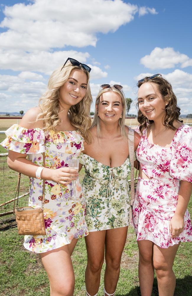 At the Clifton Races are (from left) Olivia Jackson, Jazz Dolley and Rubi Jackson, Saturday, October 28, 2023. Picture: Kevin Farmer