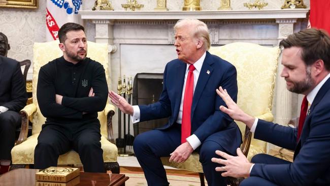 Ukrainian President Volodymyr Zelensky talks with US President Donald Trump and Vice President JD Vance in the Oval Office of the White House on Friday. Picture: Jim LoScalzo/POOL/Zuma Press