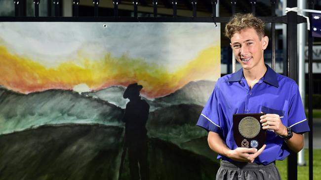 Iggy Park year 8 student Ben Hatchard was presented with the Spirit of Anzac Day Award for his interpretation of ANZAC DAY painting a watercolour painting. It was part of a very low key wreath laying ceremony. PICTURE: MATT TAYLOR.