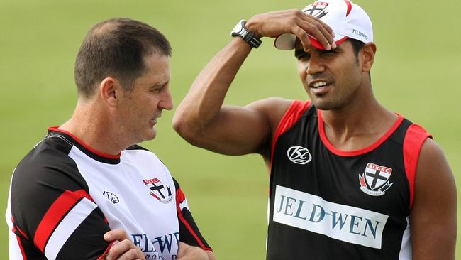 St Kilda training at Moorabbin. Andrew Lovett with coach Ross Lyon.
