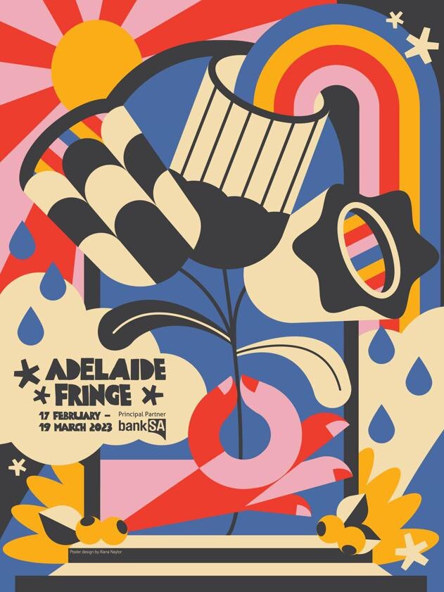 The Adelaide Fringe 2023 poster, designed by graphic designer Alana Naylor, features a similar “rising sun” motif.