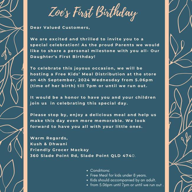 Friendly Grocer Slade Point post from owners Kush Hariya and Dhwani Visariya about throwing a free food birthday party for their daughter Zoe.