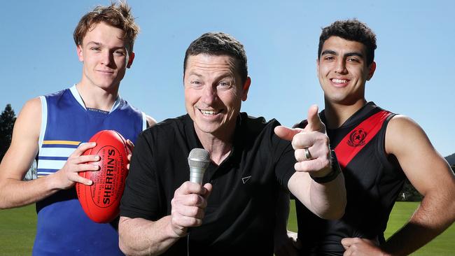 Former Crows captain Mark Bickley before commentating this year’s Rostrevor v Sacred Heart Intercol. Pictured with Xavier Robins from Sacred Heart and Xavier Tranfa from Rostrevor. Picture: Sarah Reed