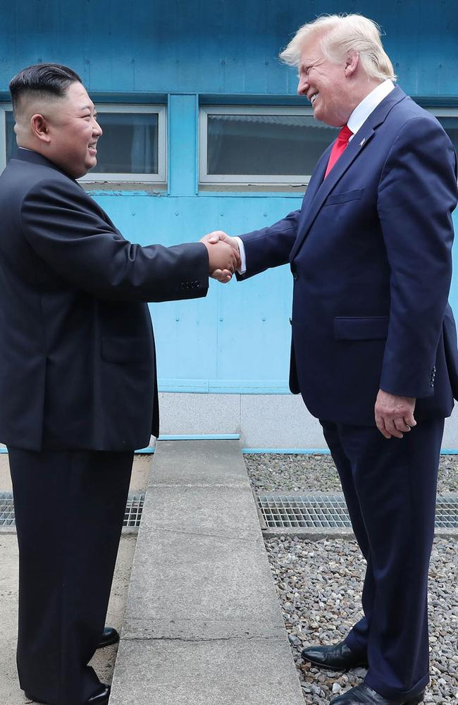 North Korea's leader Kim Jong-un shaking hands with US President Donald Trump at the Military Demarcation Line that divides North and South Korea. Picture: Supplied