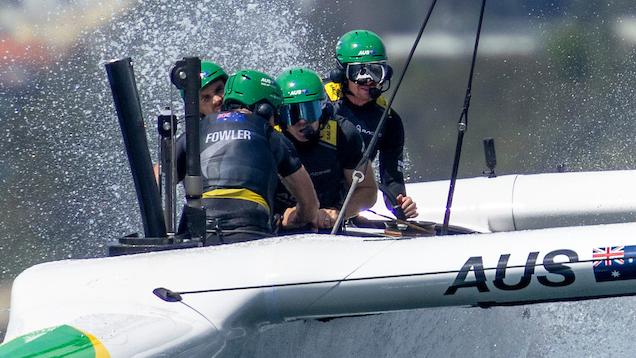 Tom Slingsby, driver of Australia SailGP Team, Sam Newton, grinder of Australia SailGP Team, Jason Waterhouse, flight controller of Australia SailGP Team and Kinley Fowler, grinder of Australia SailGP Team in action on Race Day 1 of the KPMG Australia Sail Grand Prix in Sydney, Australia. Saturday 8 February 2025. Rolex SailGP Championship Event 3 Season 2025. Photo: Felix Diemer for SailGP. Handout image supplied by SailGP