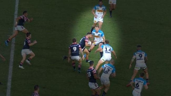 Bryce Cartwright’s non-tackle attempt against the Roosters.