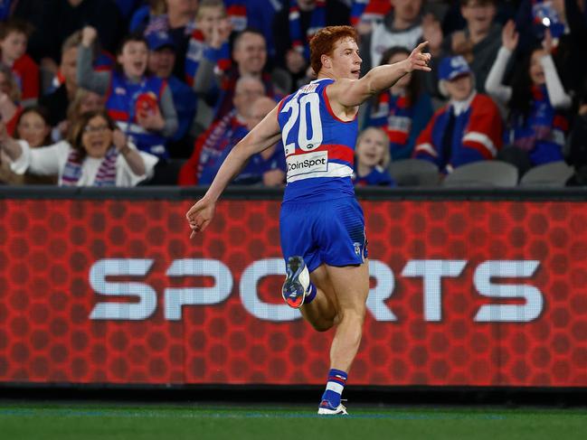 Ed Richards celebrates a goal against North Melbourne. Picture: Michael Willson/AFL Photos via Getty Images.