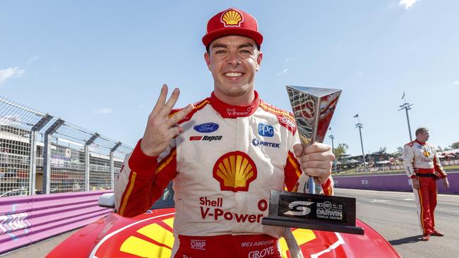 Scott McLaughlin celebrates winning the Darwin Triple Crown. Picture: AAP