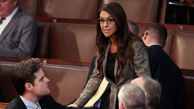 Matt Gaetz and Lauren Boebert confer in the House of Represdentatives on Thursday. Picture: AFP