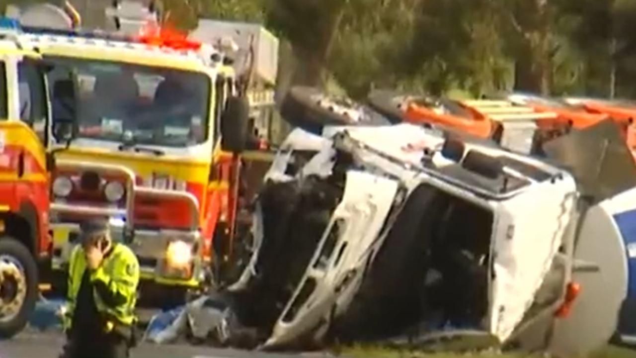 A person has died and a man is in a critical condition after a car and truck crash at Mount Tarampa. Picture: 7NEWS