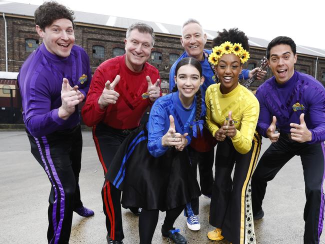 DAILY TELEGRAPH 8TH JULY 2024Pictured at Eveleigh in Sydney are The Wiggles members Lachy Gillespie , Simon Pryce , Anthony Field , Lucia Field , Tsehay Hawkins and John Pearce , ahead of their 100th album and new tour announcement.Picture : Richard Dobson