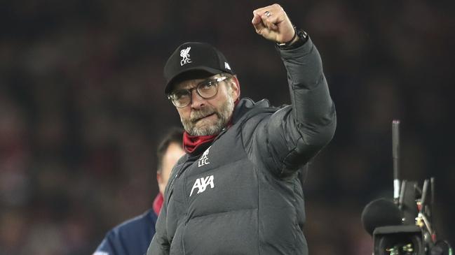 Liverpool manager Jurgen Klopp celebrates at the end of his team’s big win. Picture: AP