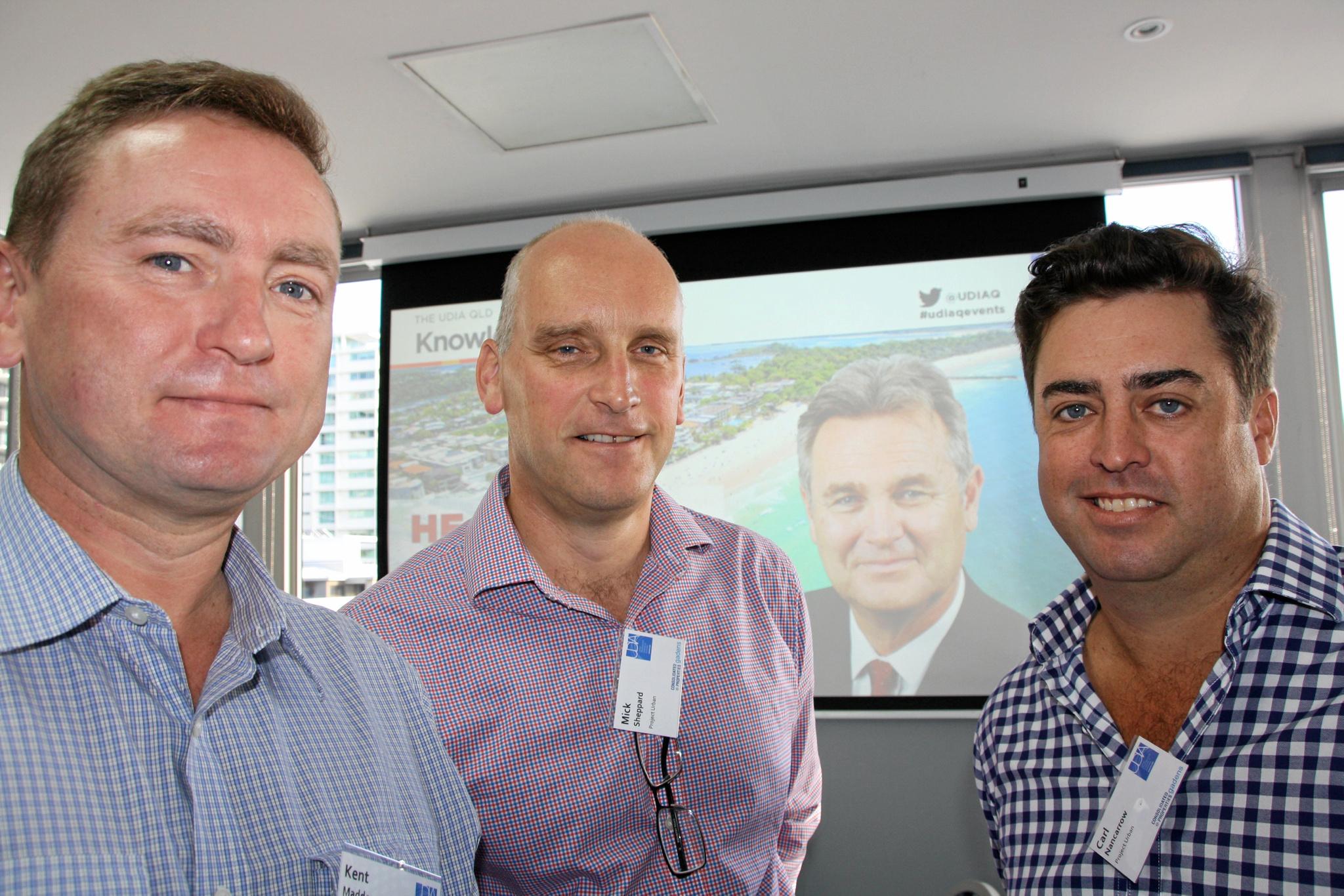 Kent Madders, Mick Sheppard and Carl Nancarrow of project Urban at the Urban Development Institute of Australia (Qld) breakfast at Maroochydore Surf Club last Friday. Picture: Erle Levey