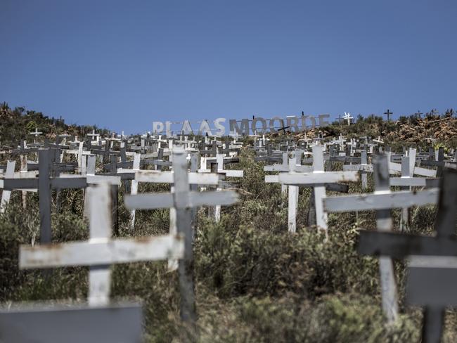 Crosses are planted on a hillside at the White Cross Monument, each one marking a white farmer who has been killed on farms. Picture: Gulshan Khan/AFP