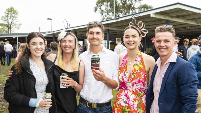 At the Clifton Jockey Club Clifton Cup races are (from left) Emma Fuller, Emily Bell, Jacob Draper, Mylissa Draper and Daniel Coley, Saturday, October 22, 2022. Picture: Kevin Farmer