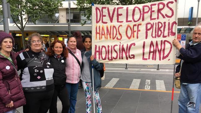 Ascot Vale tenants L-R Dawn, Janet, Elif, Staci Delaney, Marcellene D’Menzie and Jamie Chancellor at a rally last week.