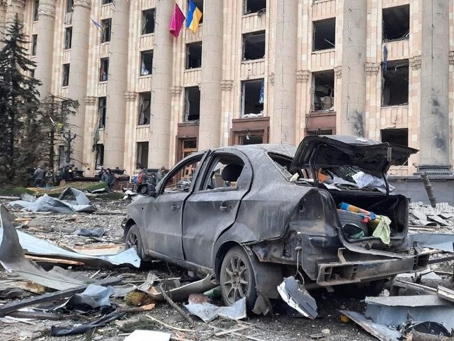 The headquarters of the Kharkiv administration in Kharkiv after it was shelled. Picture: AFP