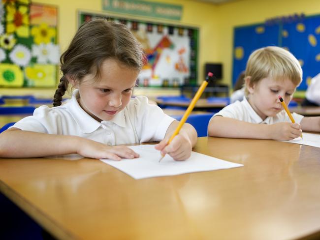 A pair of cute 5 year-old primary school children working hard on their studies in the classroom.