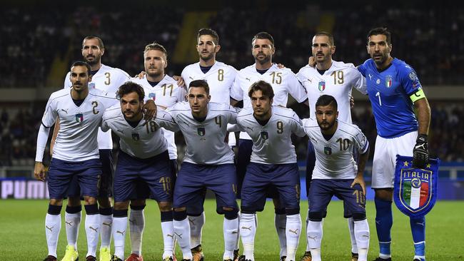 Italy's players pose ahead of their qualifier against FYR Macedonia in Turin. Picture: AFP