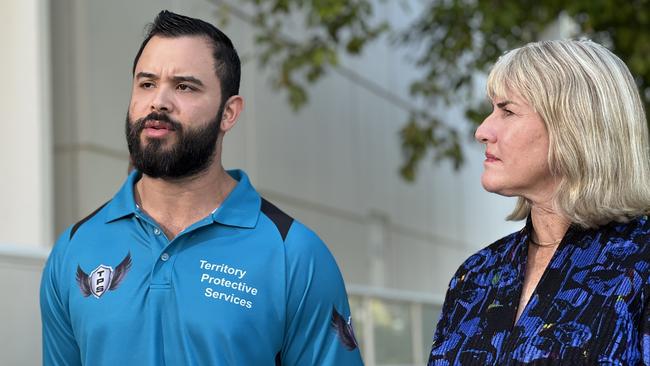 TPS Security managing director Terry Papazoglou and Chief Minister Eva Lawler, as Labor pledges an extra $1.4m for private security services in the NT. Picture: Fia Walsh.