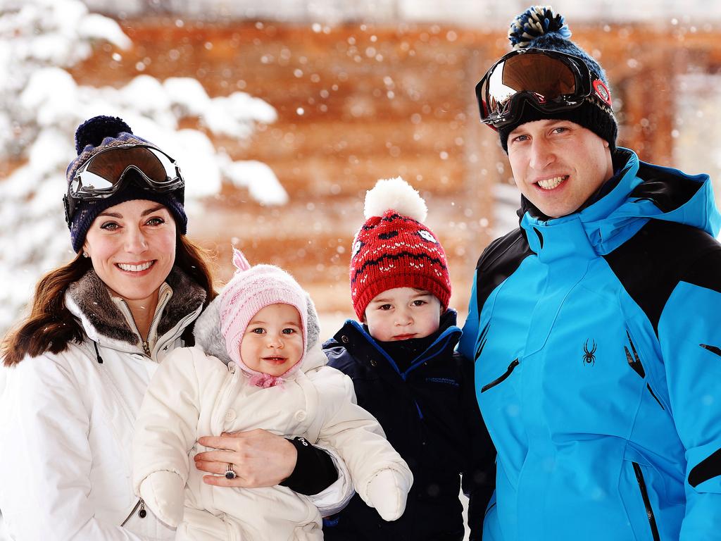 Catherine, Duchess of Cambridge and Prince William, Duke of Cambridge , pose with their children, Princess Charlotte and Prince George during a private break skiing at an undisclosed location in the French Alps on March 3, 2016. Picture: WPA Pool/Getty