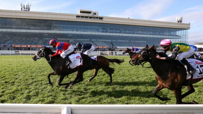 Verry Elleegant wins last Saturday’s Caulfield Cup in front of empty stands. Picture: Getty Images