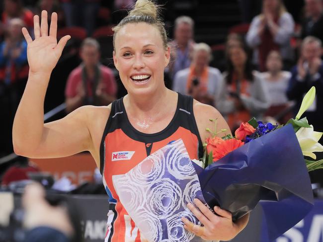 SYDNEY, AUSTRALIA - AUGUST 24: Kim Green of the Giants waves to the crowd after her last home game during the round 14 Super Netball match between the Greater Western Sydney Giants and West Coast Fever at Qudos Bank Arena on August 24, 2019 in Sydney, Australia. (Photo by Mark Evans/Getty Images)