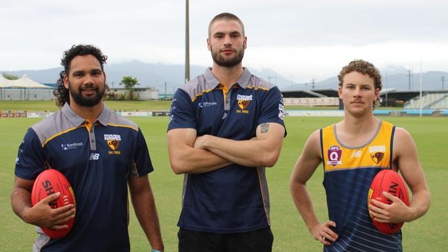 Mugzy Mooka, Tom Norbury and Josh Welsford have all signed for the Manunda Hawks ahead of the 2025 season. Picture: Jake Garland