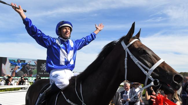 Hugh Bowman returns to scale after riding Winx to victory in the 2019 Apollo Stakes.