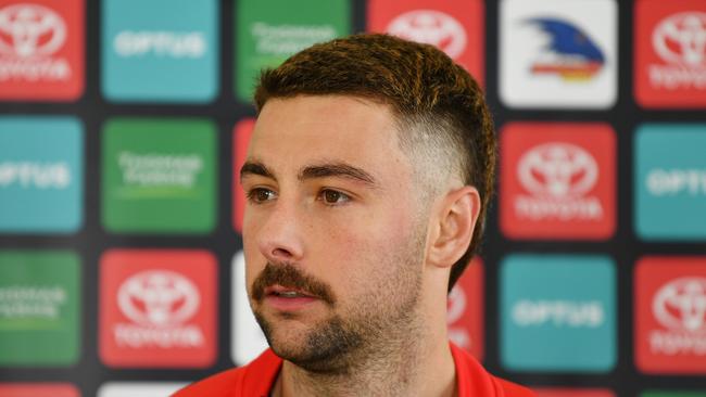 Rory Atkins of the Crows speaks during the press conference at Crows headquarters, West Lakes. Picture: AAP Image/David Mariuz.