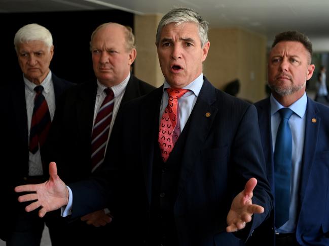 Katter’s Australian Party state leader Robbie Katter flanked by fellow members (from left) Bob Katter, Shane Knuth and Nick Dametto