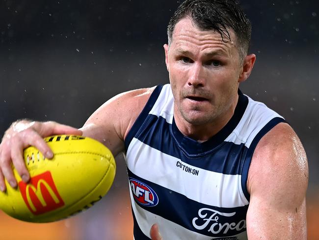 BRISBANE, AUSTRALIA - APRIL 20: Patrick Dangerfield of the Cats in action during the round nine AFL match between Brisbane Lions and Geelong Cats at The Gabba, on April 20, 2024, in Brisbane, Australia. (Photo by Albert Perez/AFL Photos via Getty Images)