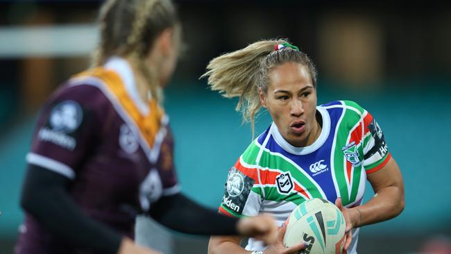 SYDNEY, AUSTRALIA - SEPTEMBER 28: Atawhai Tupaea of the Warriors is tackled during the NRLW match between the Brisbane Broncos and the New Zealand Warriors at the Sydney Cricket Ground on September 28, 2019 in Sydney, Australia. (Photo by Jason McCawley/Getty Images)