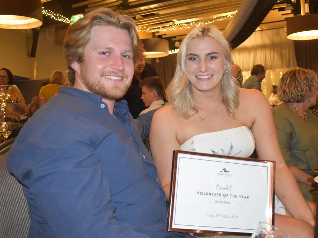 Brodie Black (left) and Azmin Brice at Magpies awards night, October 29, 2021. Picture: Matthew Forrest