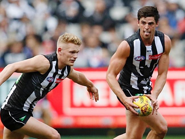 AFL Round 10. Collingwood v Western Bulldogs at the MCG. Scott Pendlebury and Adam Treloar . Pic: Michael Klein
