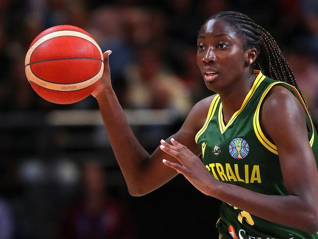 SYDNEY, AUSTRALIA - SEPTEMBER 26: Ezi Magbegor of Australia handles the ball during the 2022 FIBA Women's Basketball World Cup Group B match between Australia and Canada at Sydney Superdome, on September 26, 2022, in Sydney, Australia. (Photo by Kelly Defina/Getty Images)