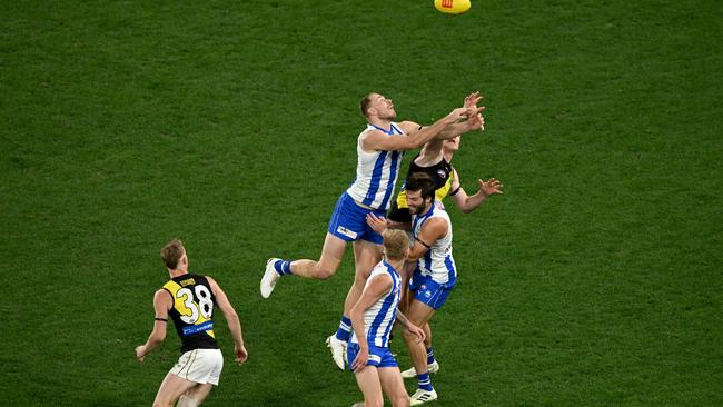 Ben McKay and Jack Riewoldt of the Tigers compete at Marvel Stadium. Picture: Morgan Hancock/AFL Photos