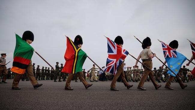 Service members representing 34 Commonwealth Nations and 6 Overseas Territories lead a full rehearsal of the ceremonial procession in Odiham. Picture: Getty Images.