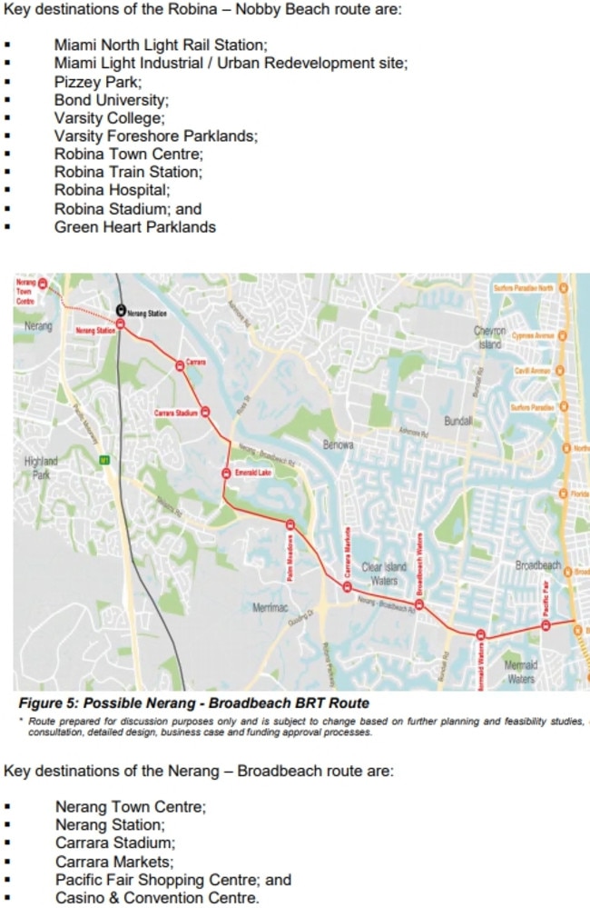 Key destinations on a proposed east-west bus link for the Gold Coast.