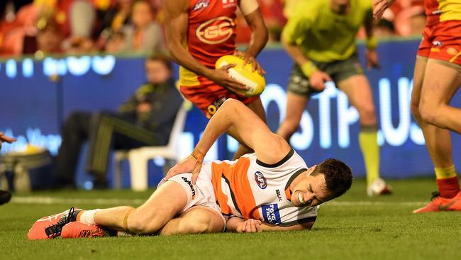 Jeremy Cameron got a late knock to his hip. Picture: Getty Images.