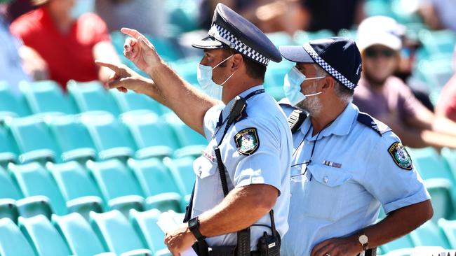 Police monitor the crowd on day four of the Test. Picture: Cameron Spencer/Getty Images